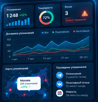 Экран кабинета BrandSled на телефоне: упоминания, тональность, риски, динамика, карта и последние упоминания
