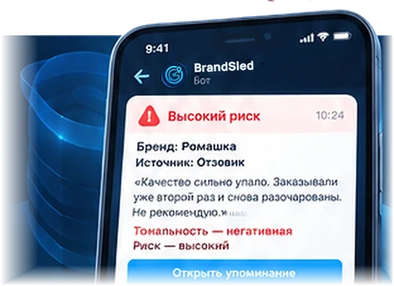 Пример тревоги BrandSled в Telegram: высокий риск, бренд, источник, текст отзыва, тональность и кнопка открыть упоминание. Название условное